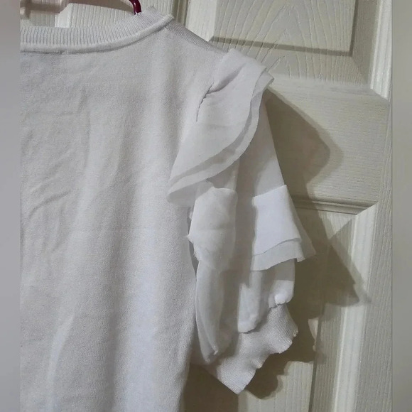 Nanette Lepore White Knit Sweater w/ Layered Chiffon Ruffle Sleeves, EUC! - Picture 8 of 10